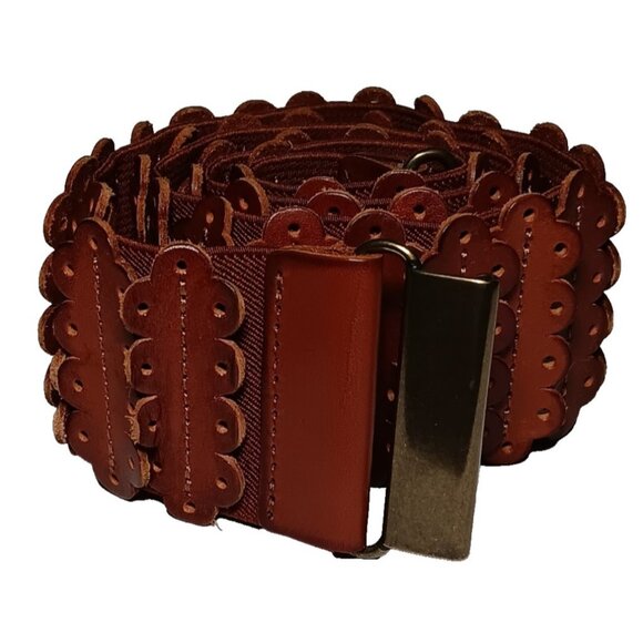 Elastic Stretch Tooled Leather Belt with Brass Buckle Fits 30\